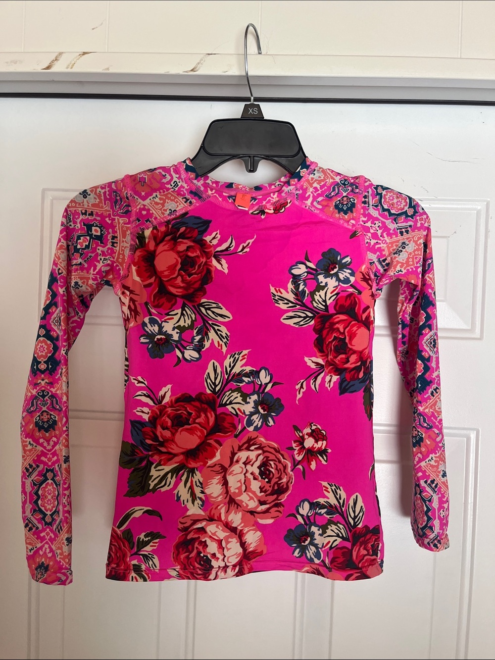 Maaji Kids Swim Rash Guard in Hot Pink with Red Floral Print